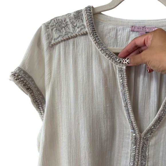 Calypso St. Barth Sequined Crochet Blouse Top Size Lg White Gray Boho Boxy Work - Picture 3 of 11